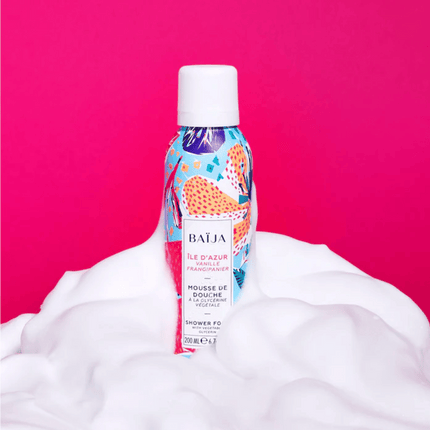 Bottle of Bajaa shower foam on a pink background